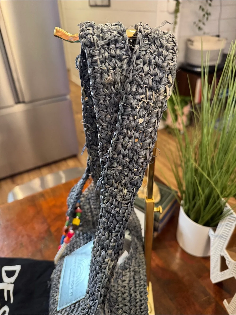 Kurt Geiger Gray Crocheted Raffia Hobo Bag with Beaded Charm